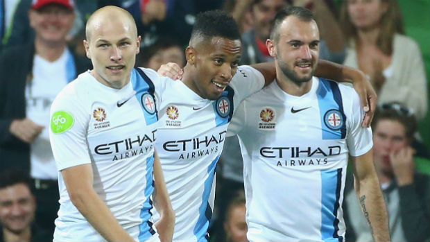 Melbourne City's Aaron Mooy, Harry Novillo and Ivan Franjic celebrate scoring against Wellington.