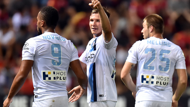 Melbourne City players celebrate Nick Fitzgerald's second-half strike against Adelaide United.