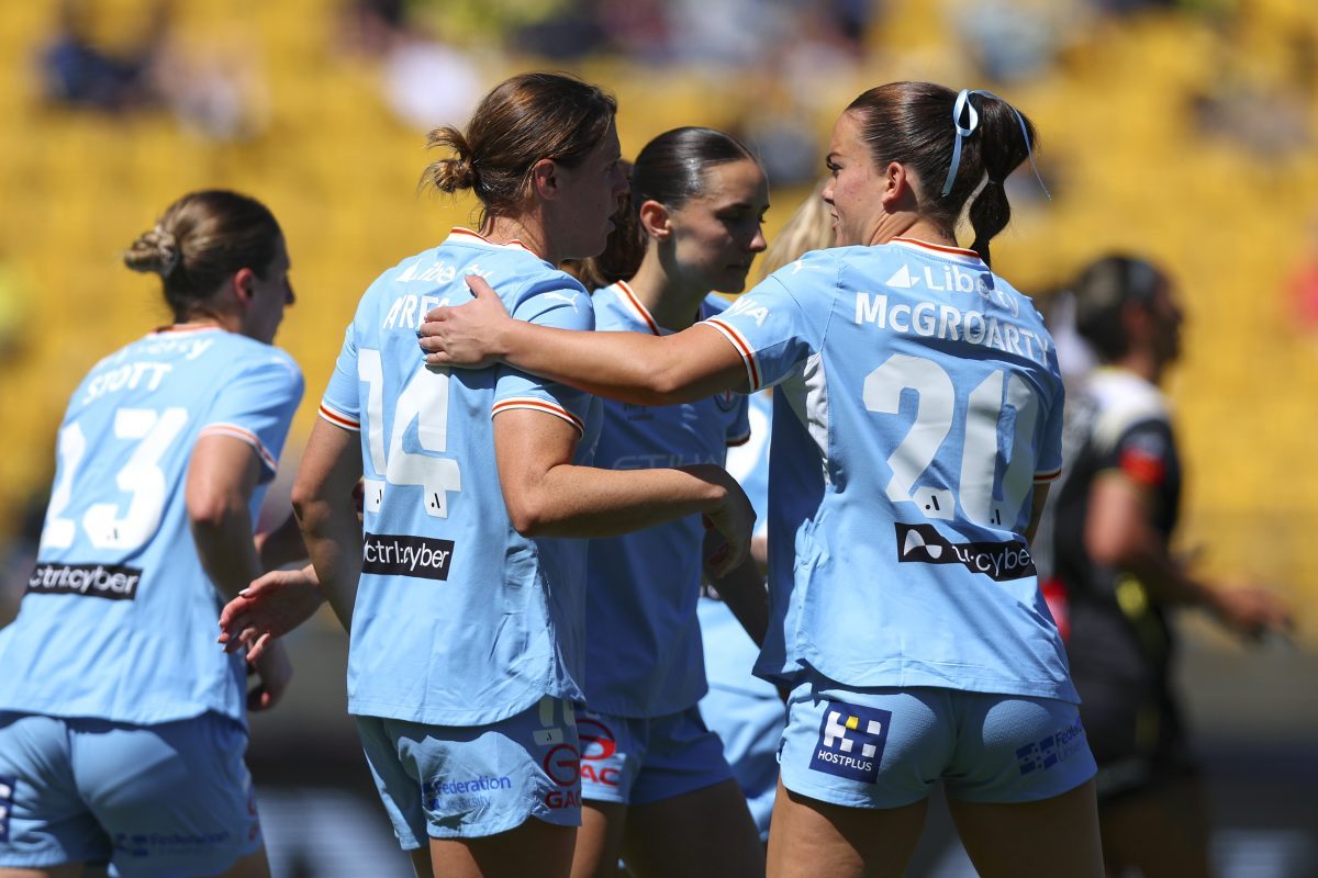 Melina Ayres of Melbourne City celebrates with Kelli McGroarty after scoring a goal at Hnry Stadium.