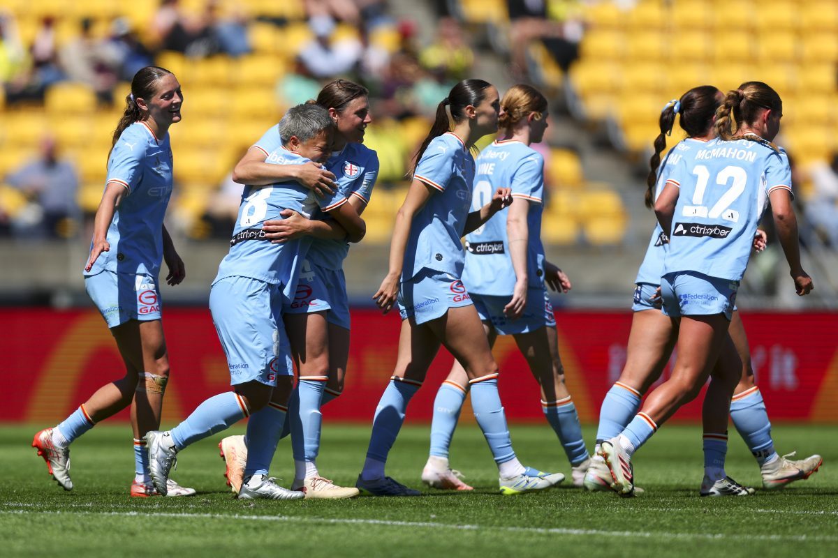 Momo Hayashi of Melbourne City celebrates with Melina Ayres after scoring a goal at Hnry Stadium.