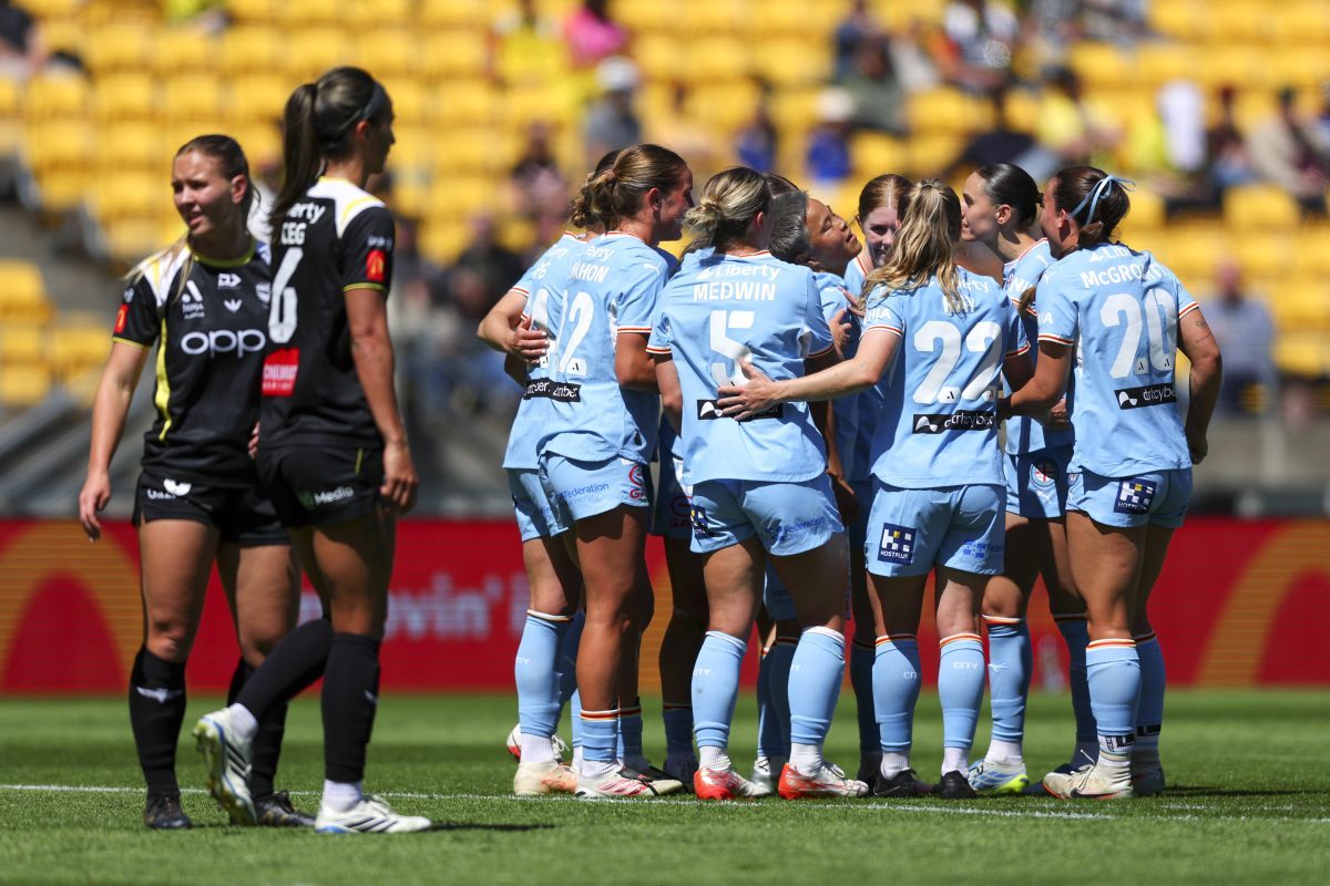 Melbourne City celebrate the goal of Momo Hayashi at Hnry Stadium.