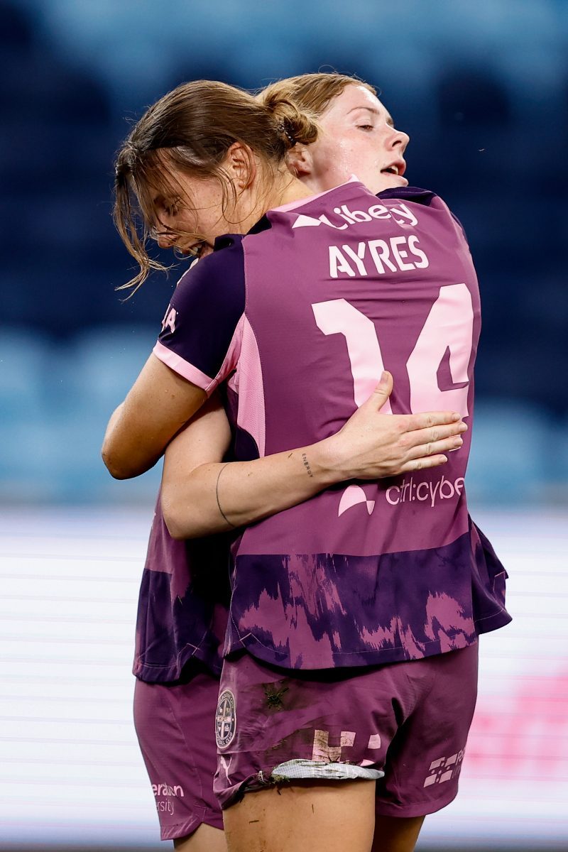 Cortnee Vine of Melbourne City celebrates scoring a goal with team mate Melina Ayres at Allianz Stadium.